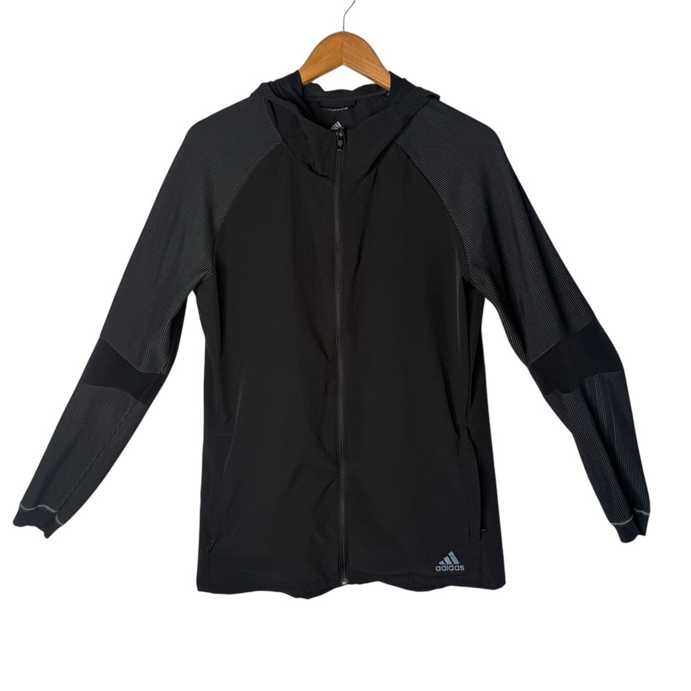 Adidas PHX Running Jacket Mens M Black Full Zip Hooded Knit Performance Gorpcore